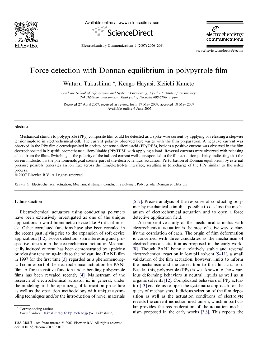 Force detection with Donnan equilibrium in polypyrrole film