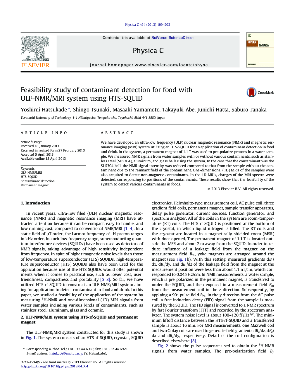 Feasibility study of contaminant detection for food with ULF-NMR/MRI system using HTS-SQUID