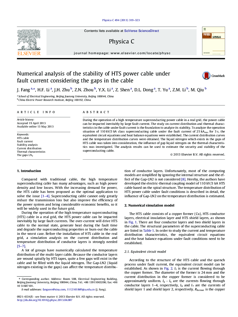 Numerical analysis of the stability of HTS power cable under fault current considering the gaps in the cable