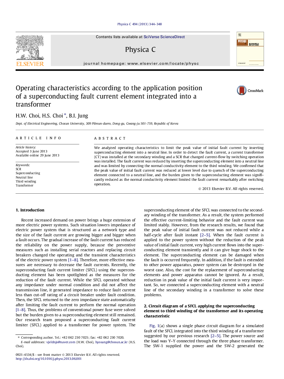 Operating characteristics according to the application position of a superconducting fault current element integrated into a transformer