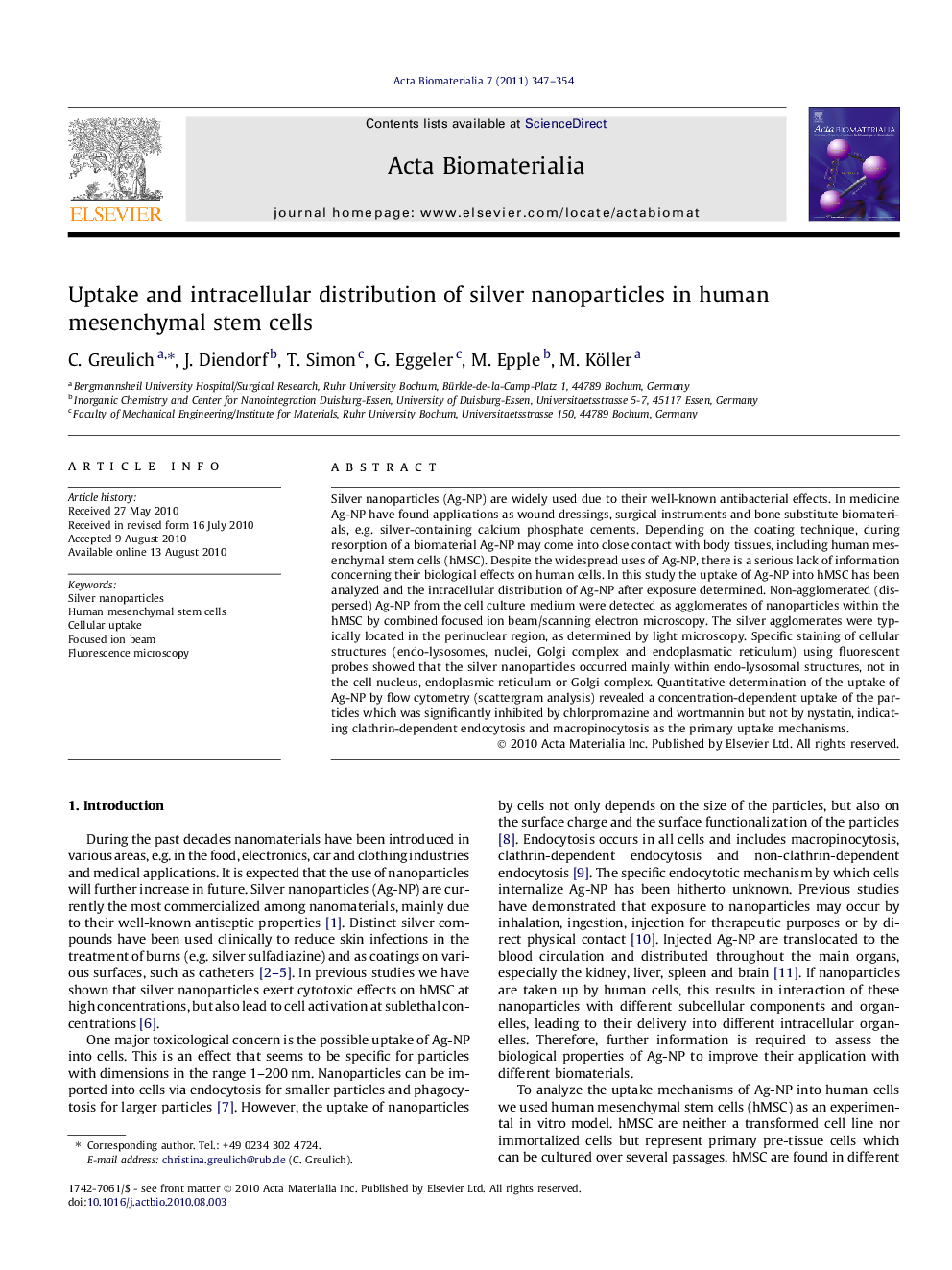 Uptake and intracellular distribution of silver nanoparticles in human mesenchymal stem cells