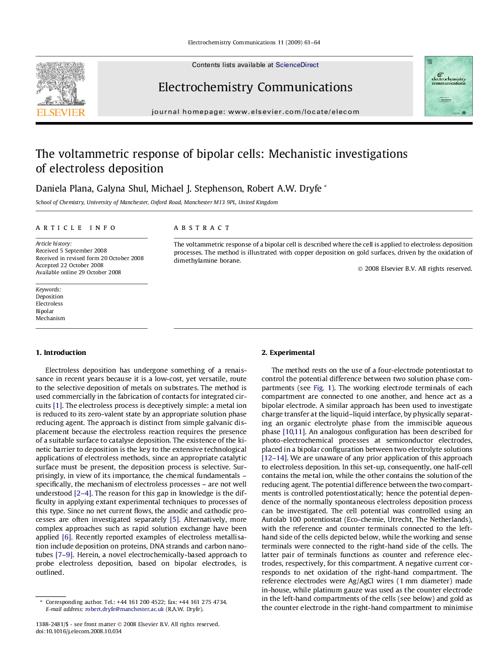 The voltammetric response of bipolar cells: Mechanistic investigations of electroless deposition