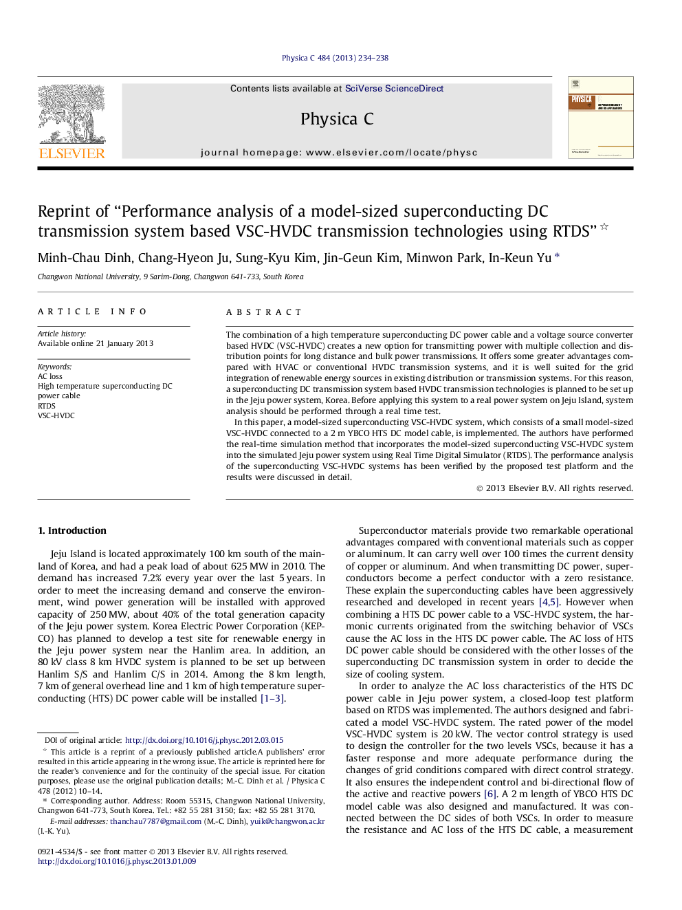 Reprint of “Performance analysis of a model-sized superconducting DC transmission system based VSC-HVDC transmission technologies using RTDS” 