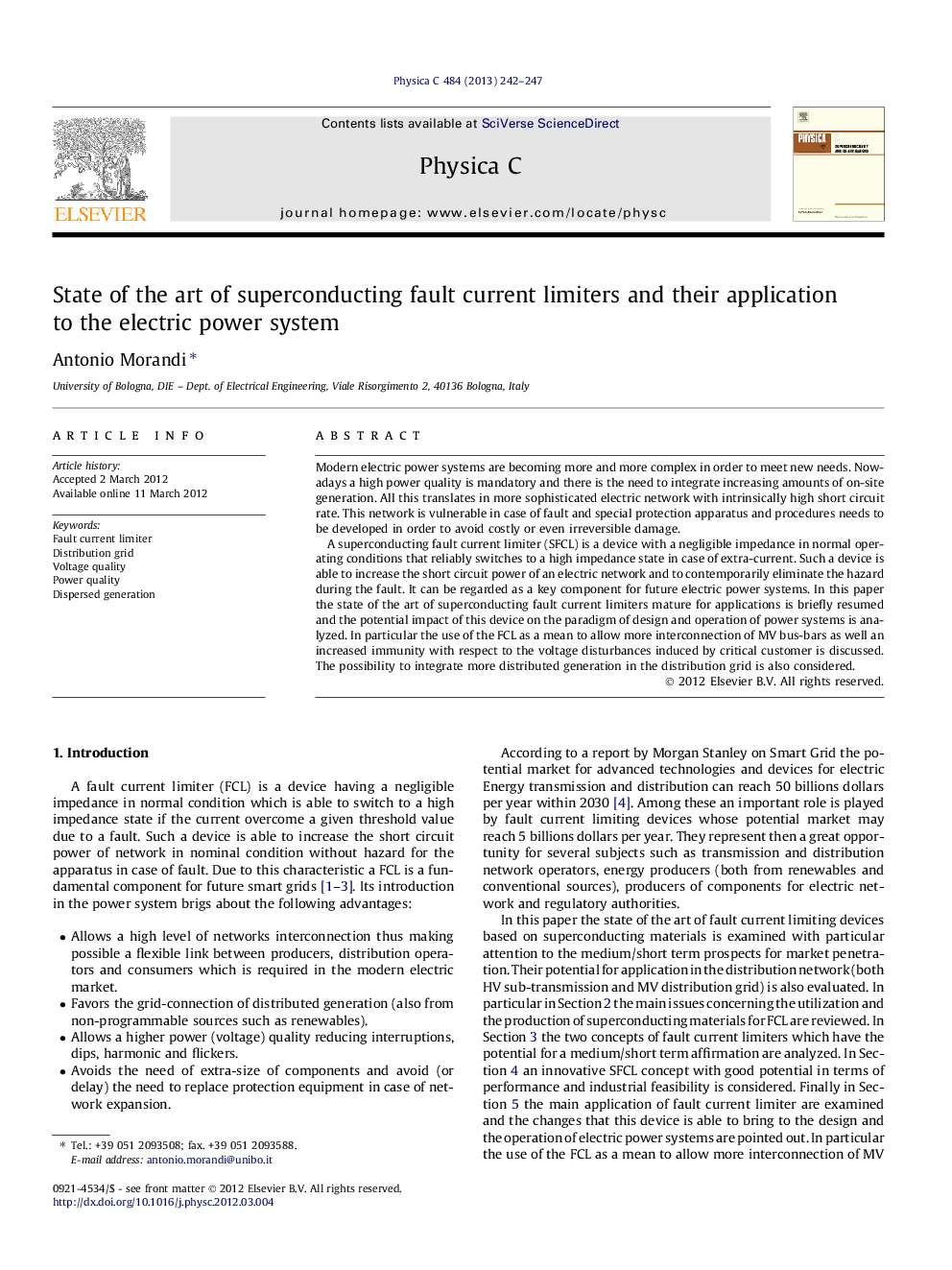 State of the art of superconducting fault current limiters and their application to the electric power system