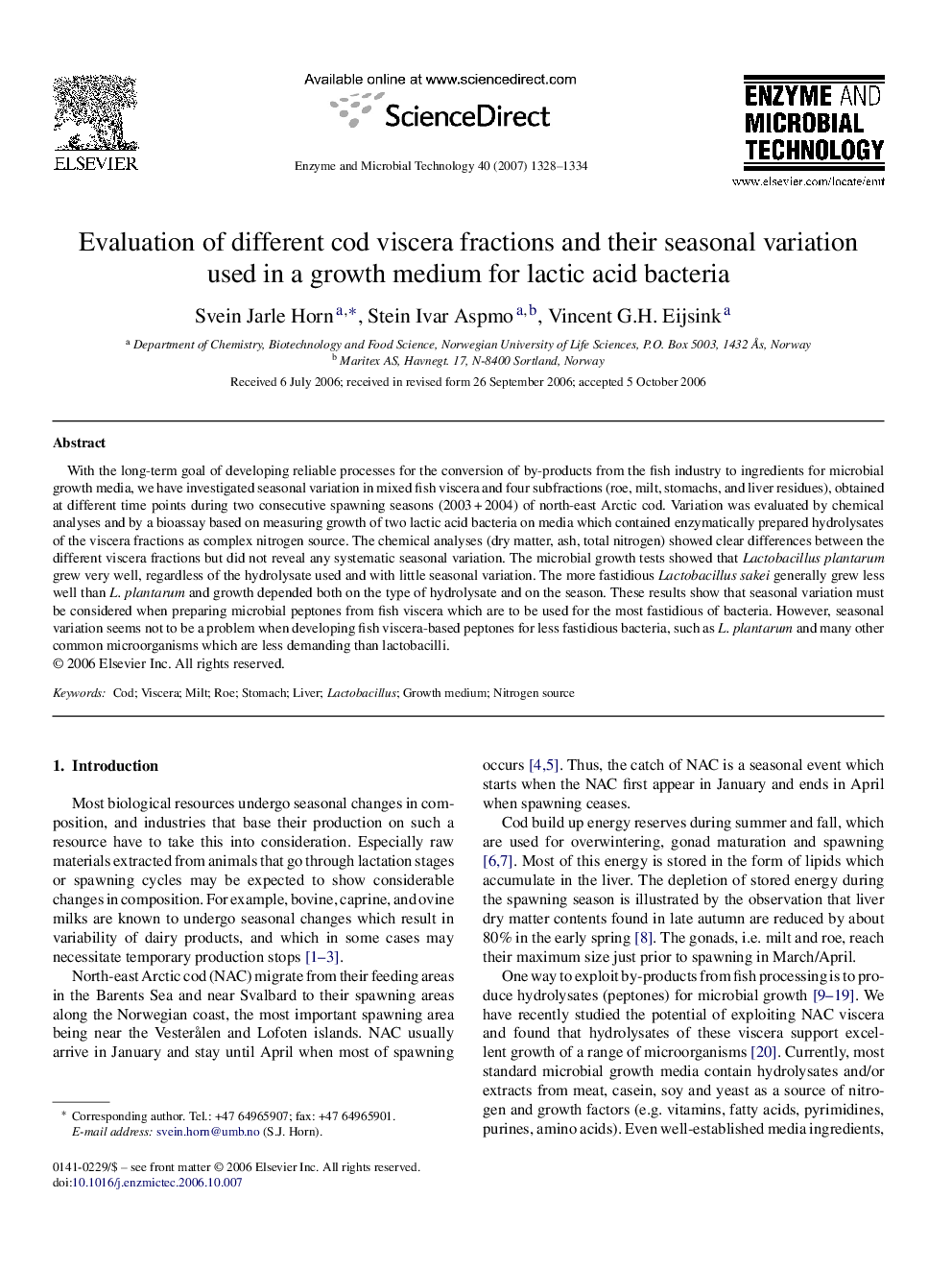 Evaluation of different cod viscera fractions and their seasonal variation used in a growth medium for lactic acid bacteria