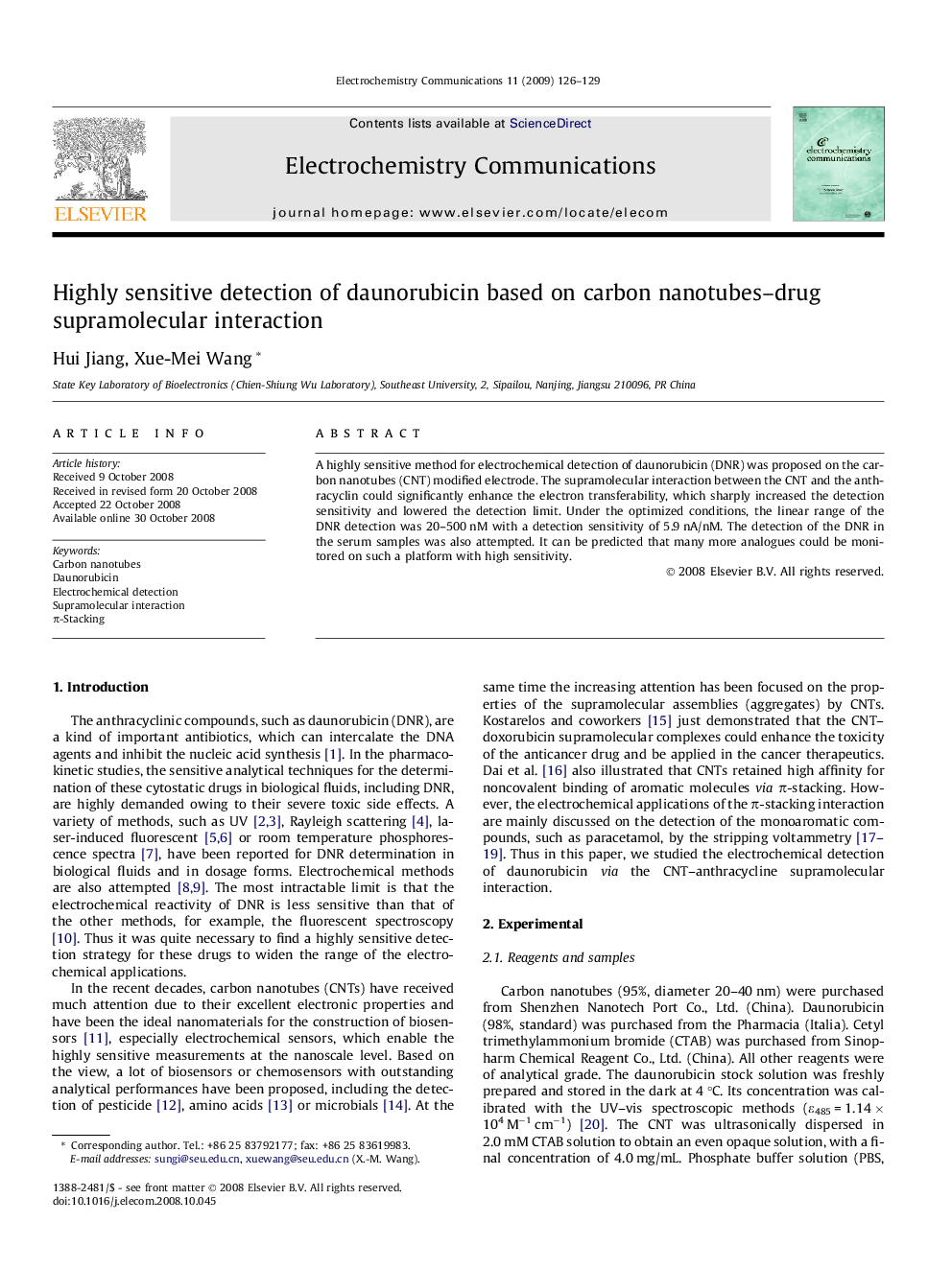 Highly sensitive detection of daunorubicin based on carbon nanotubes–drug supramolecular interaction