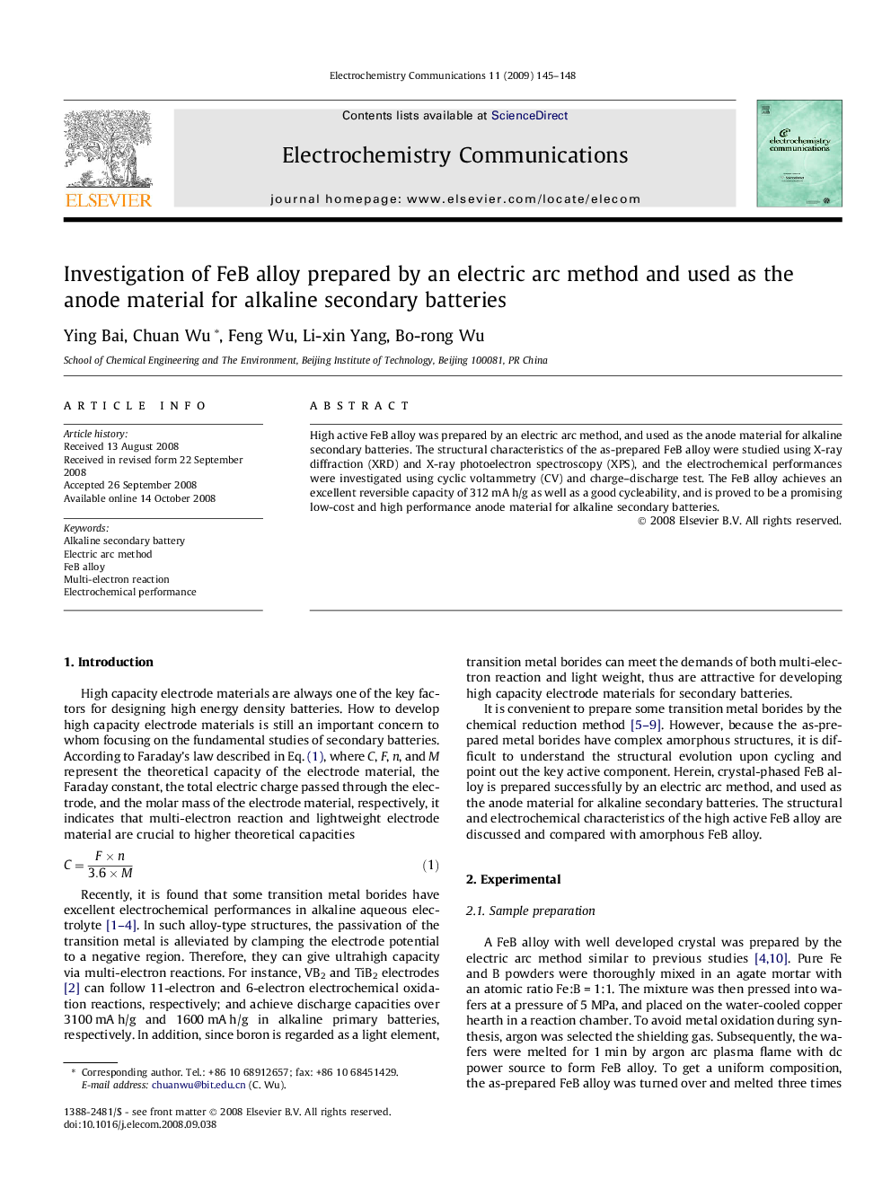 Investigation of FeB alloy prepared by an electric arc method and used as the anode material for alkaline secondary batteries