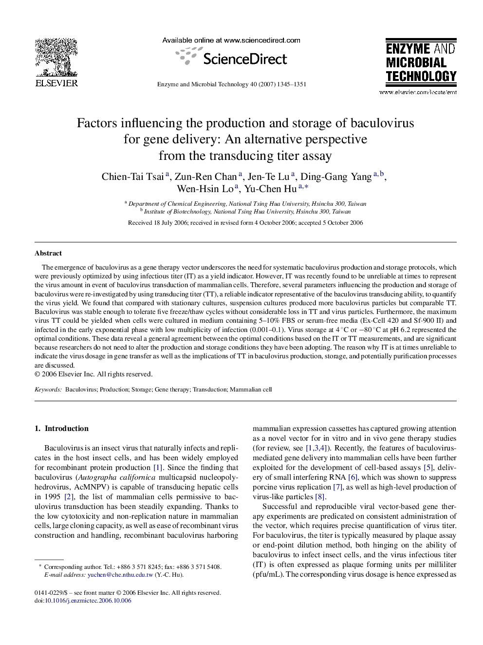 Factors influencing the production and storage of baculovirus for gene delivery: An alternative perspective from the transducing titer assay