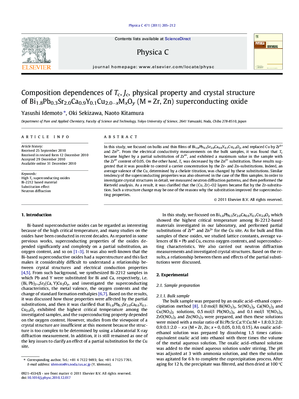 Composition dependences of Tc, Jc, physical property and crystal structure of Bi1.8Pb0.3Sr2.0Ca0.9Y0.1Cu2.0âxMxOy (MÂ =Â Zr, Zn) superconducting oxide