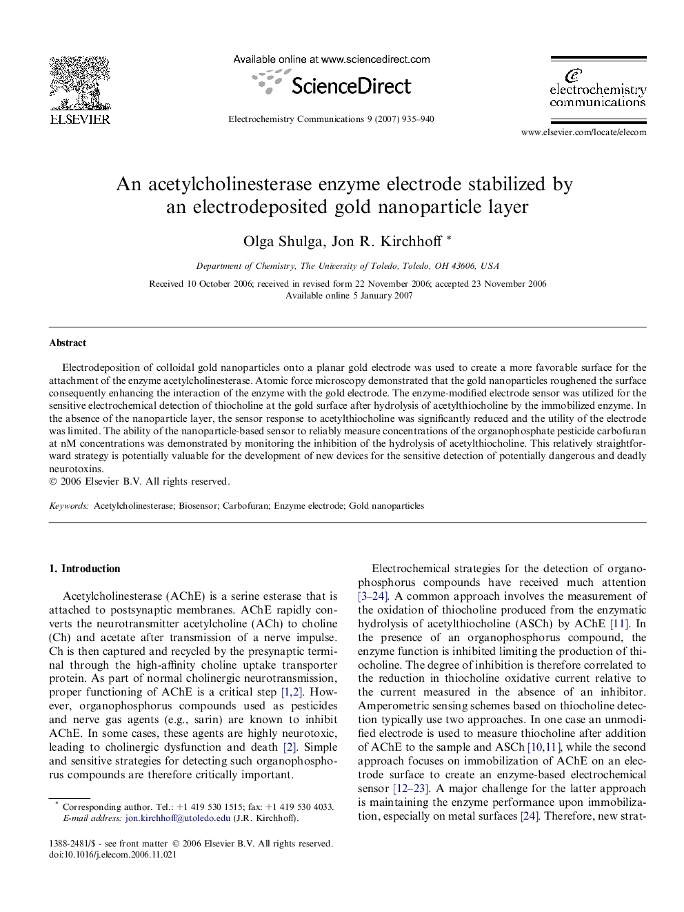 An acetylcholinesterase enzyme electrode stabilized by an electrodeposited gold nanoparticle layer