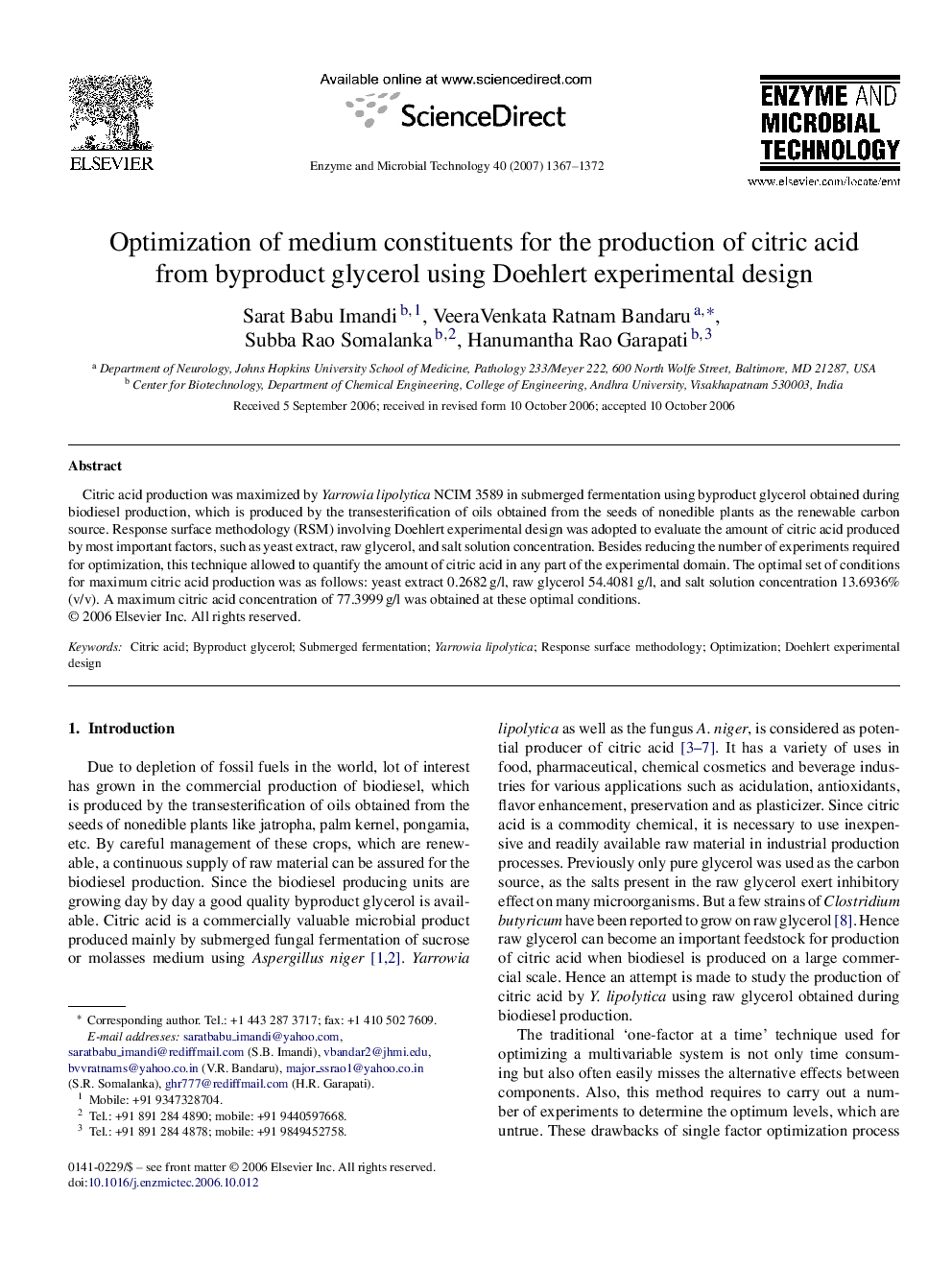 Optimization of medium constituents for the production of citric acid from byproduct glycerol using Doehlert experimental design