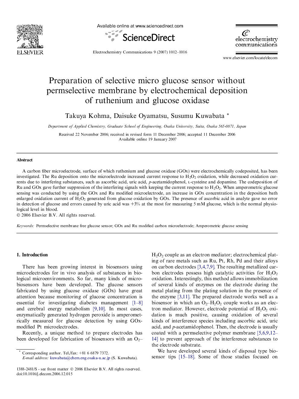 Preparation of selective micro glucose sensor without permselective membrane by electrochemical deposition of ruthenium and glucose oxidase