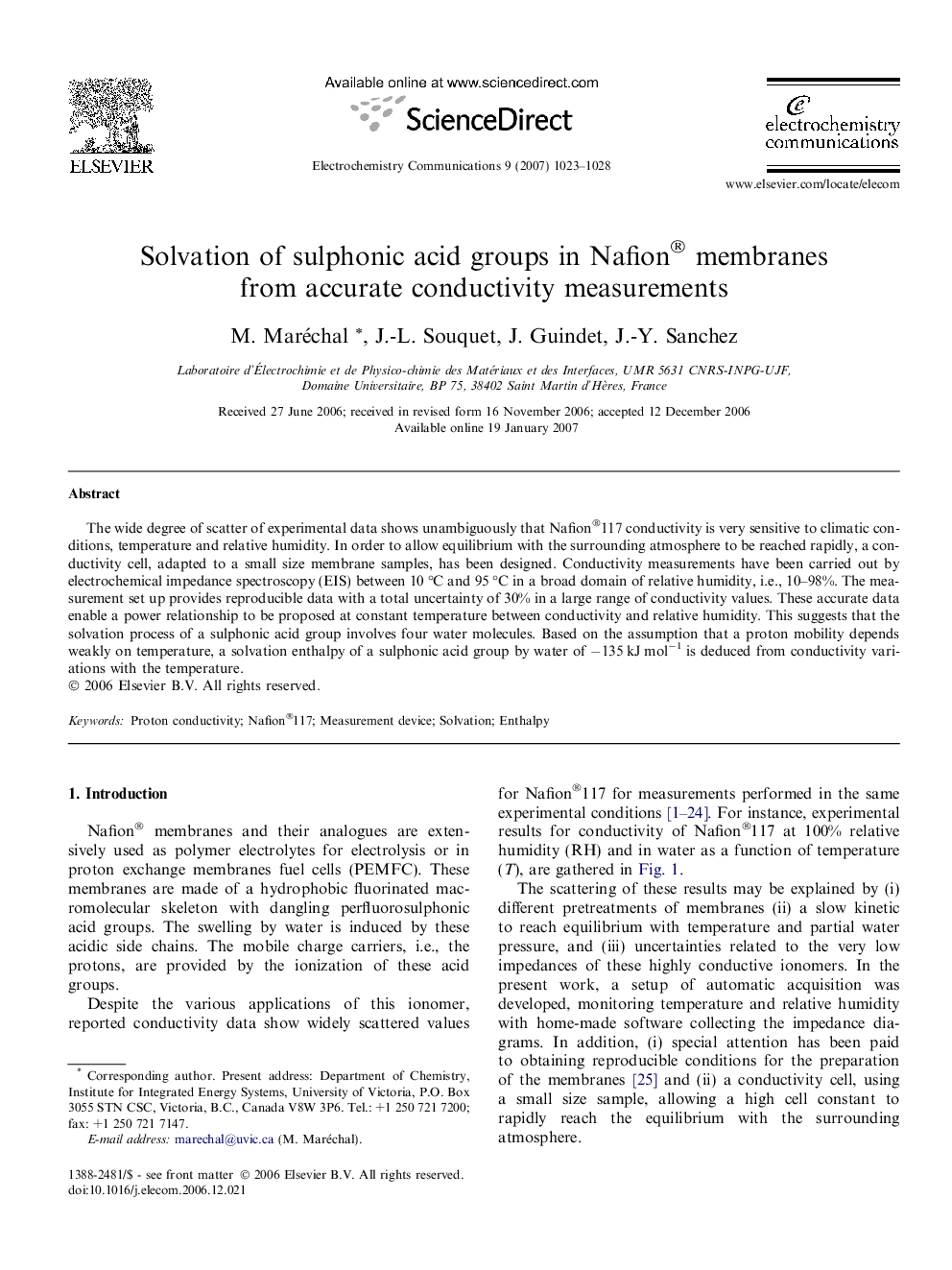 Solvation of sulphonic acid groups in Nafion® membranes from accurate conductivity measurements