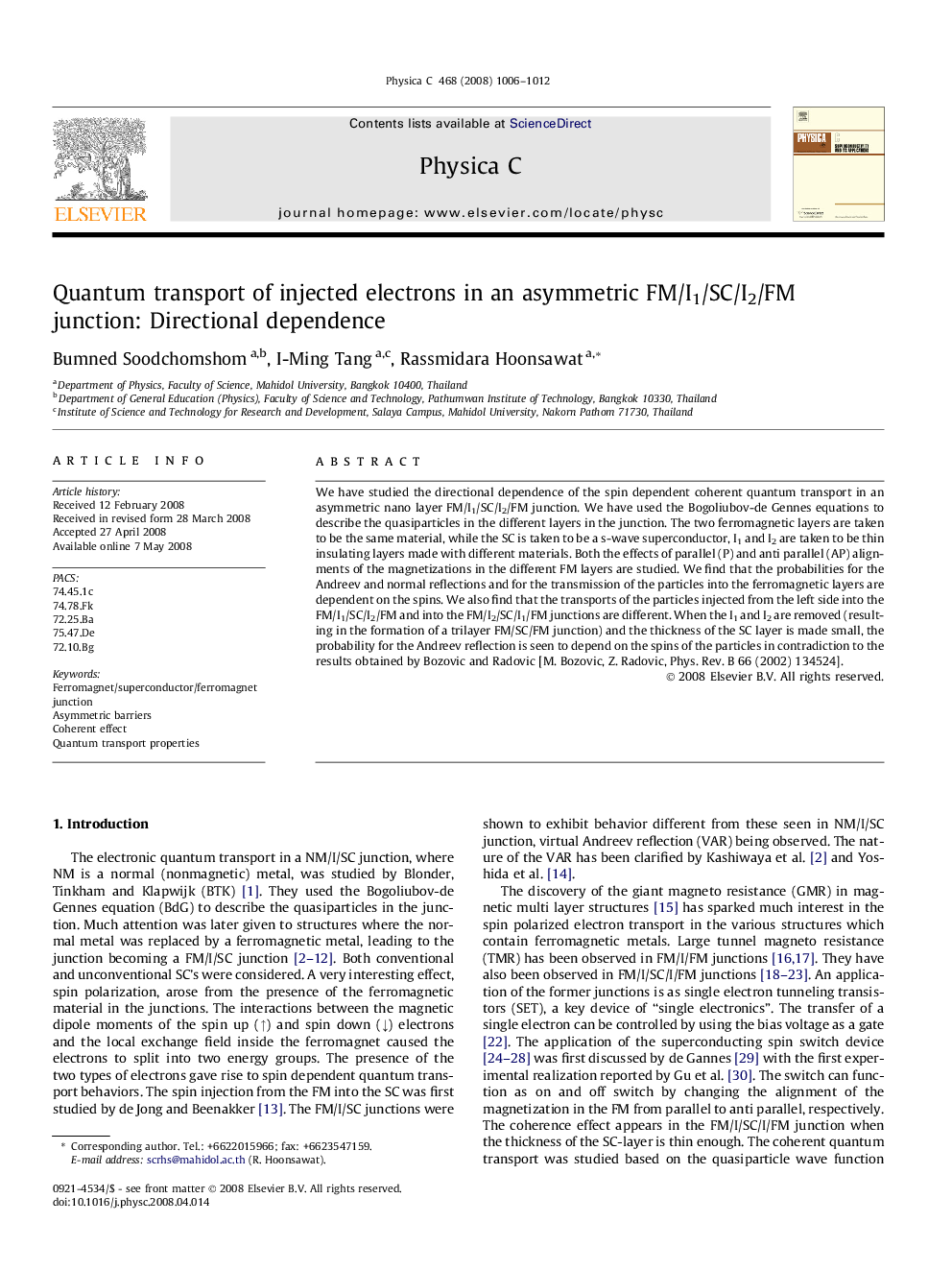 عکس صفحه اول مقاله: Quantum transport of injected electrons in an asymmetric FM/I1/SC/I2/FM junction: Directional dependence Quantum transport of injected electrons in an asymmetric FM/I1/SC/I2/FM junction: Directional dependence