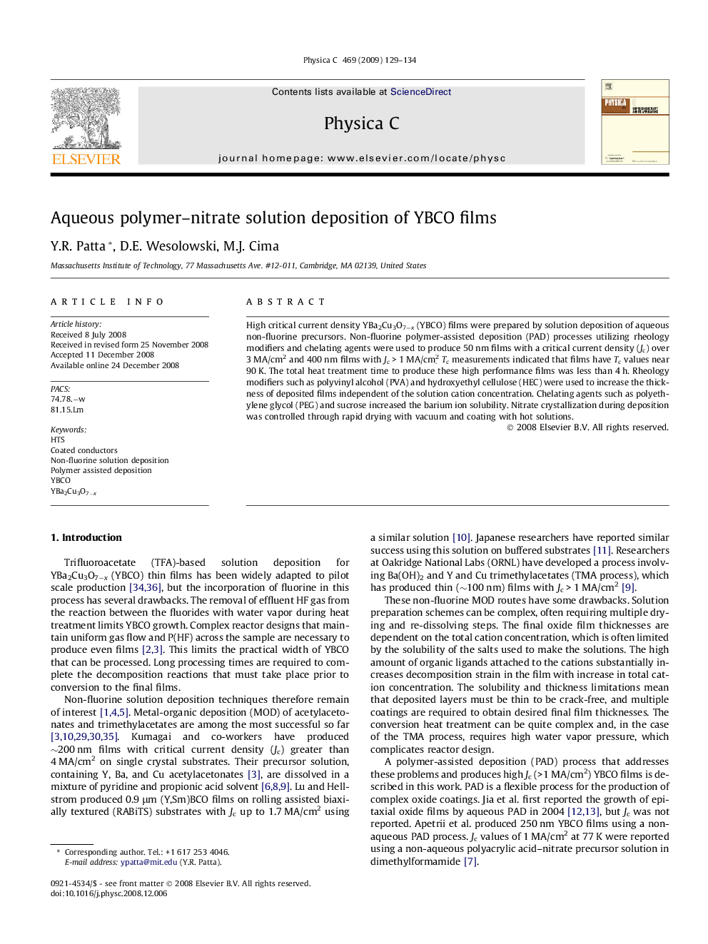 Aqueous polymer–nitrate solution deposition of YBCO films