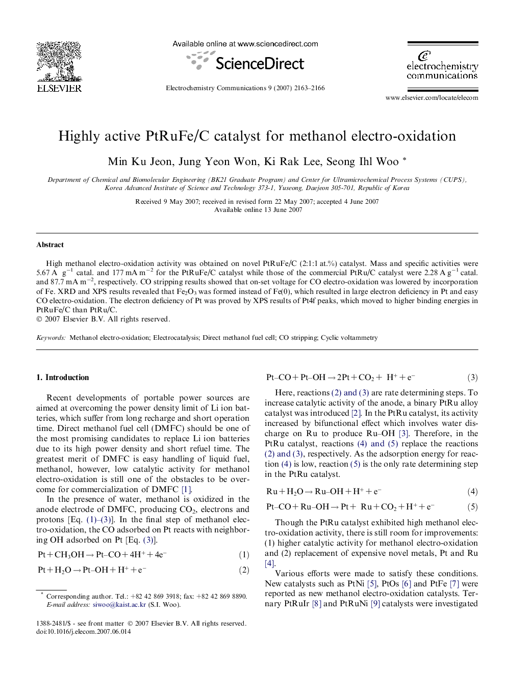 Highly active PtRuFe/C catalyst for methanol electro-oxidation