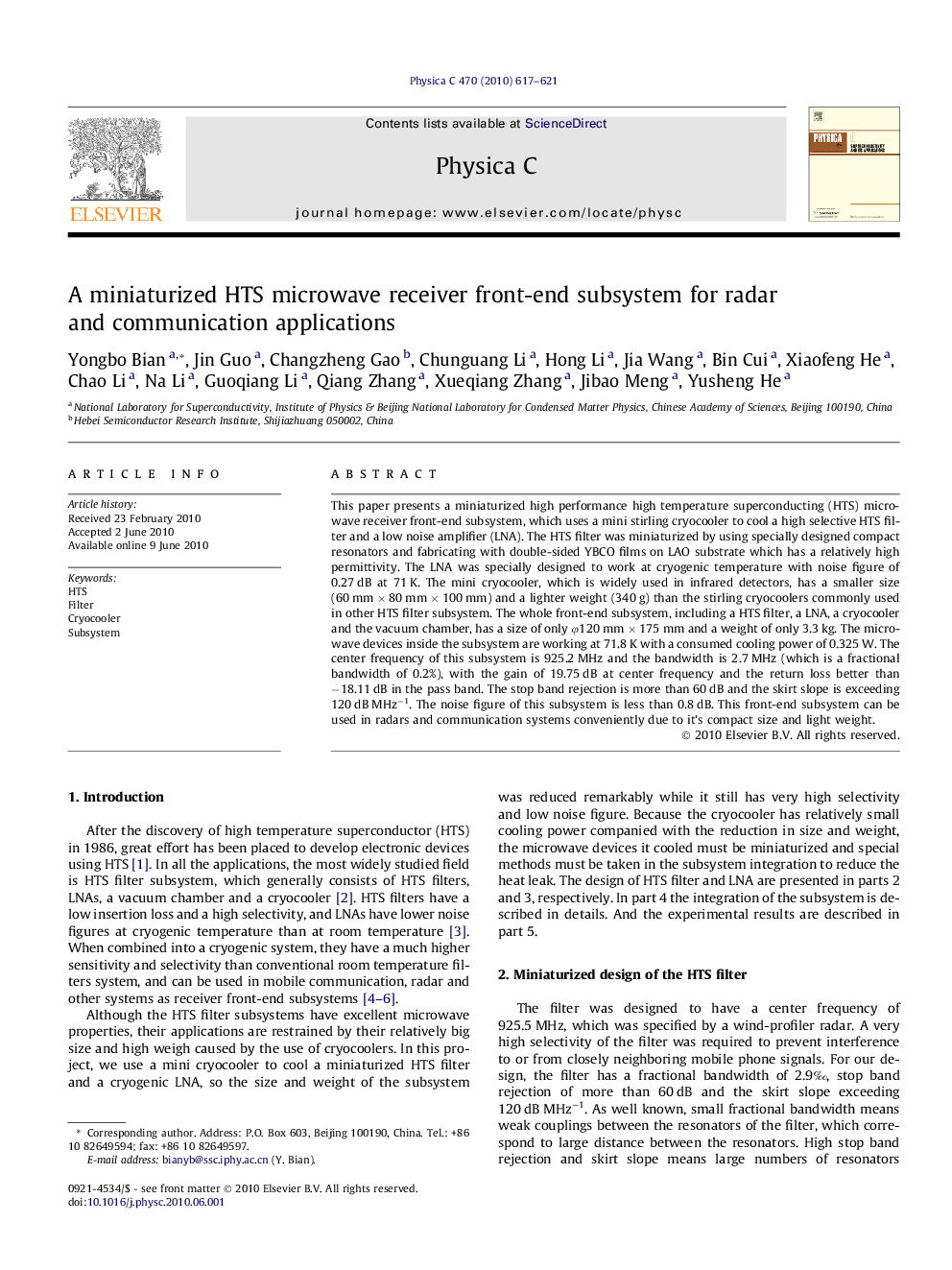 A miniaturized HTS microwave receiver front-end subsystem for radar and communication applications