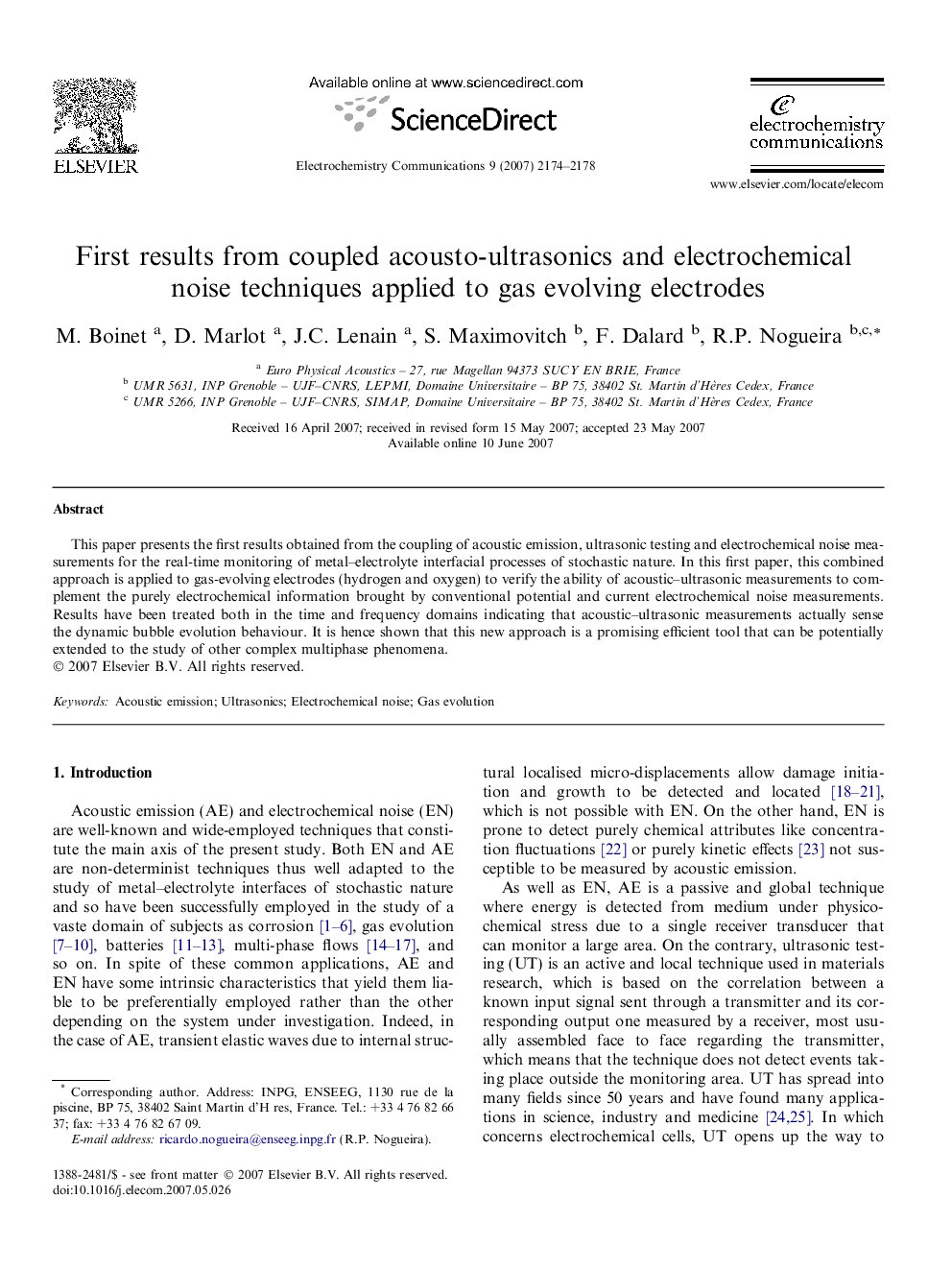 First results from coupled acousto-ultrasonics and electrochemical noise techniques applied to gas evolving electrodes