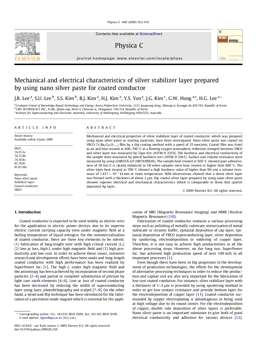 Mechanical and electrical characteristics of silver stabilizer layer prepared by using nano silver paste for coated conductor