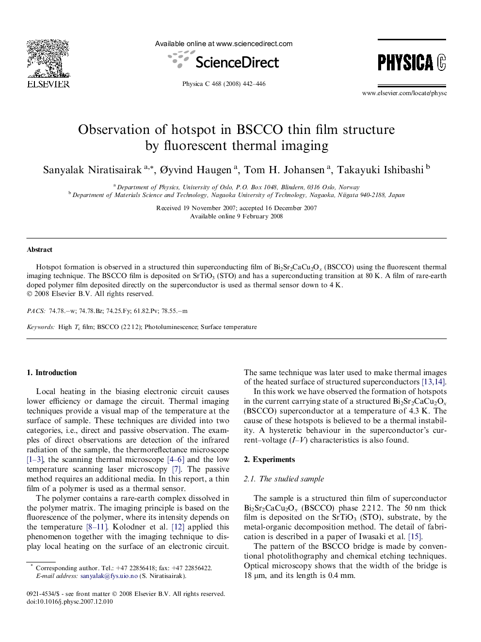 Observation of hotspot in BSCCO thin film structure by fluorescent thermal imaging