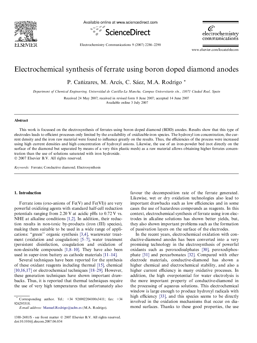 Electrochemical synthesis of ferrate using boron doped diamond anodes