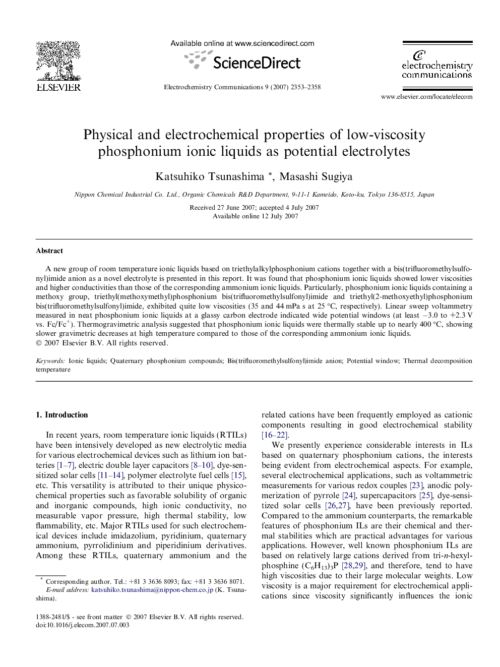 Physical and electrochemical properties of low-viscosity phosphonium ionic liquids as potential electrolytes