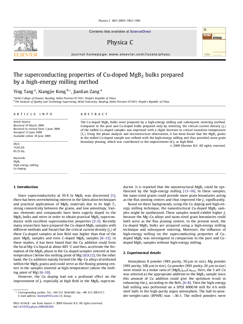 عکس صفحه اول مقاله: The superconducting properties of Cu-doped MgB2 bulks prepared by a high-energy milling method The superconducting properties of Cu-doped MgB2 bulks prepared by a high-energy milling method