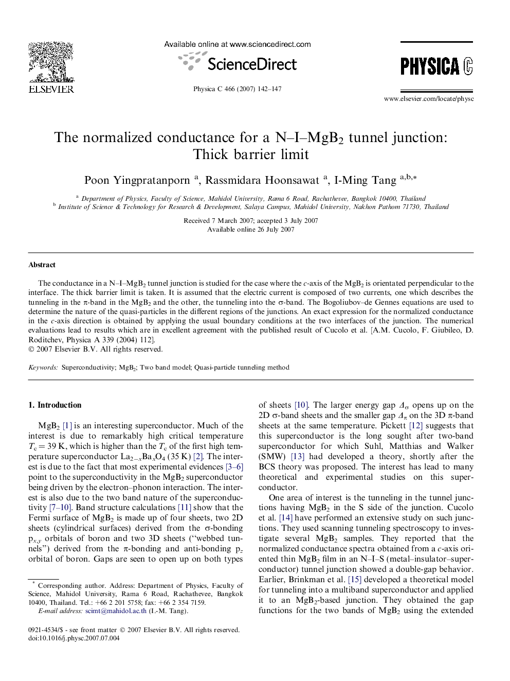 عکس صفحه اول مقاله: The normalized conductance for a N-I-MgB2 tunnel junction: Thick barrier limit The normalized conductance for a N-I-MgB2 tunnel junction: Thick barrier limit