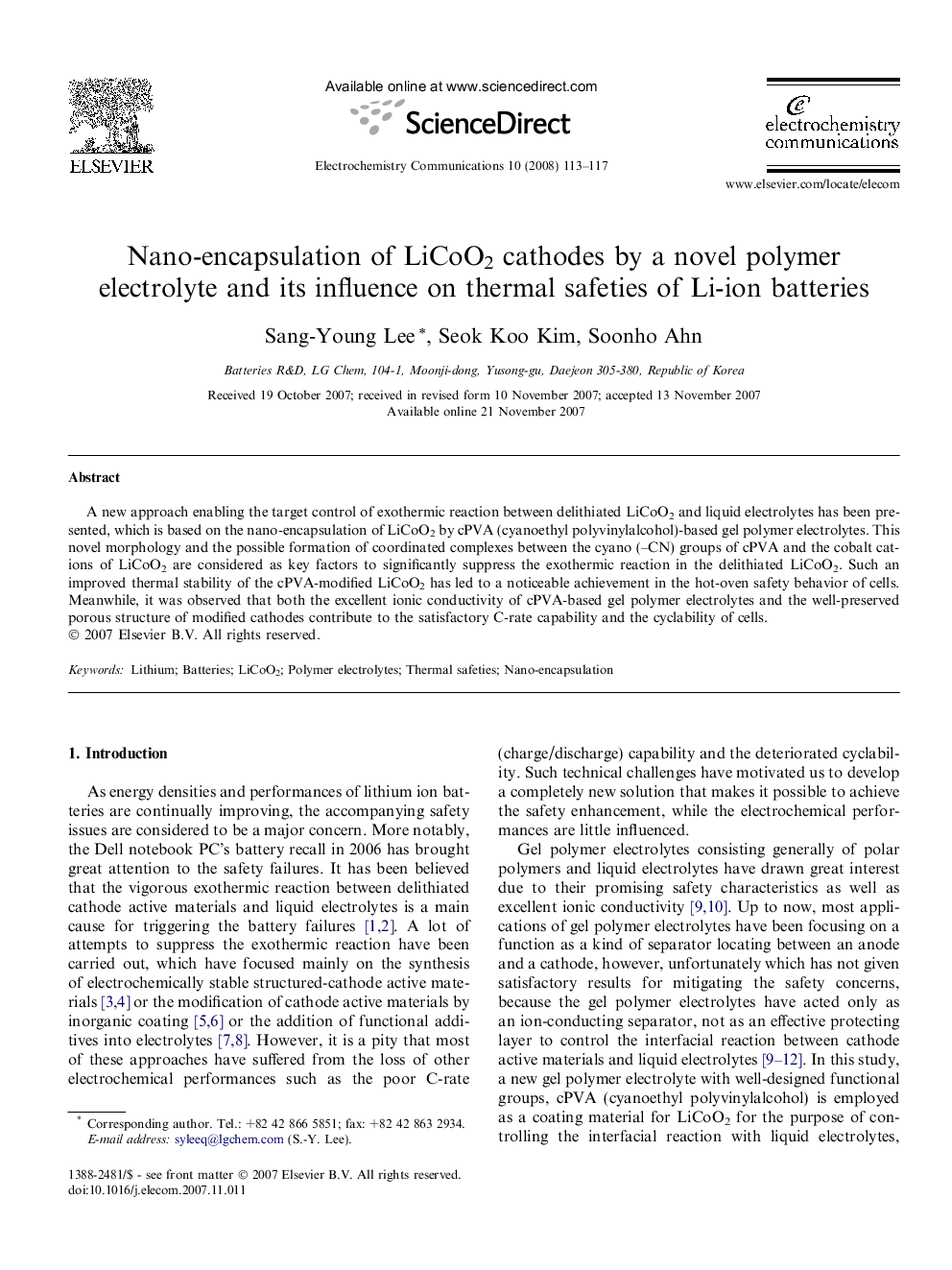 Nano-encapsulation of LiCoO2 cathodes by a novel polymer electrolyte and its influence on thermal safeties of Li-ion batteries