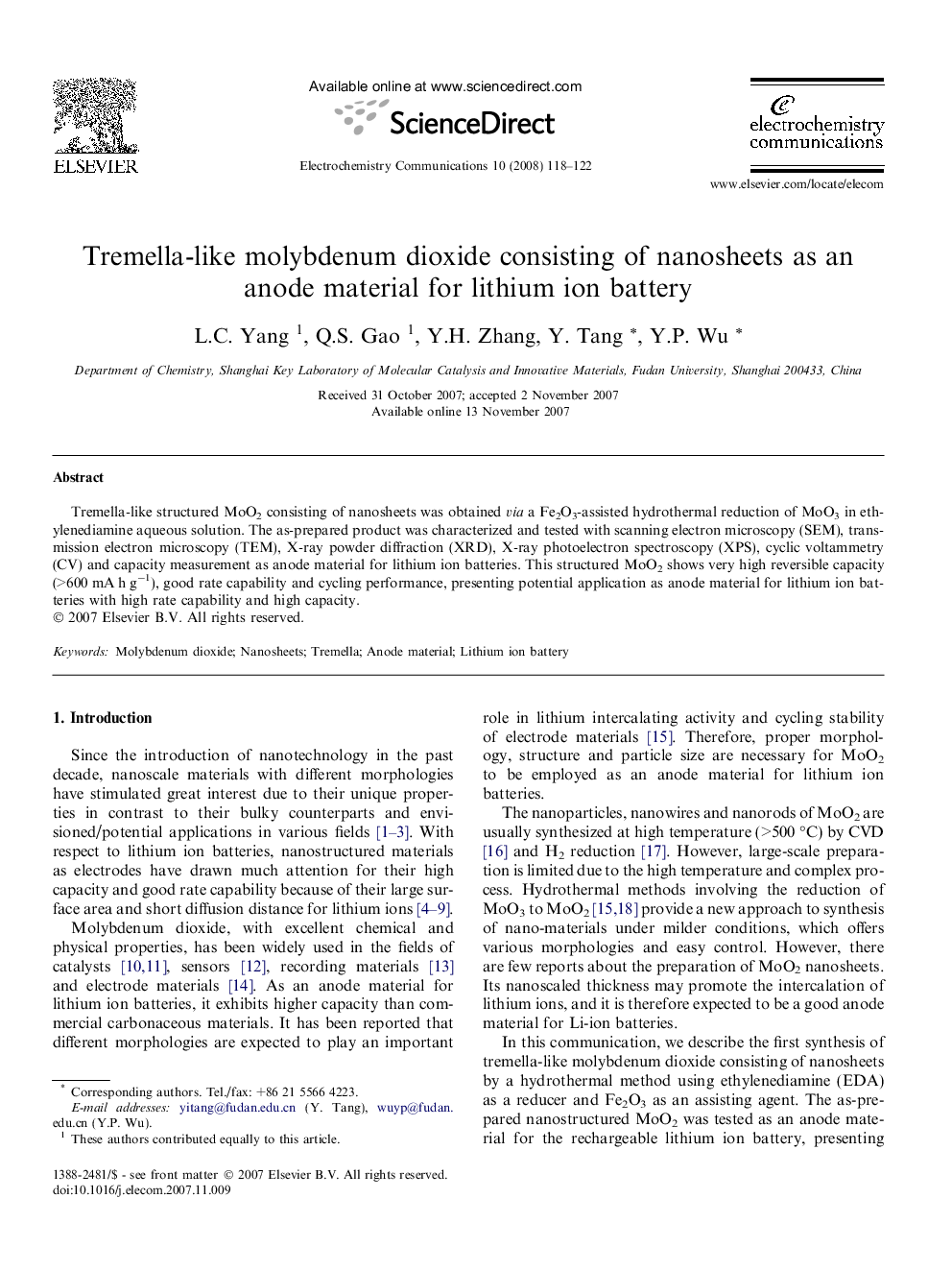 Tremella-like molybdenum dioxide consisting of nanosheets as an anode material for lithium ion battery