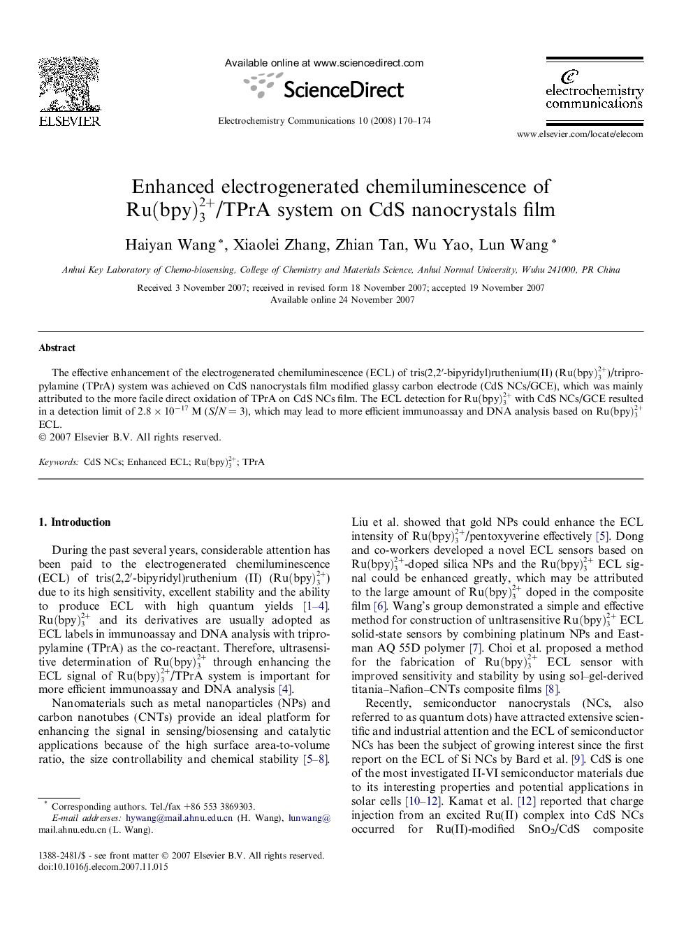 Enhanced electrogenerated chemiluminescence of Ru(bpy)32+/TPrA system on CdS nanocrystals film