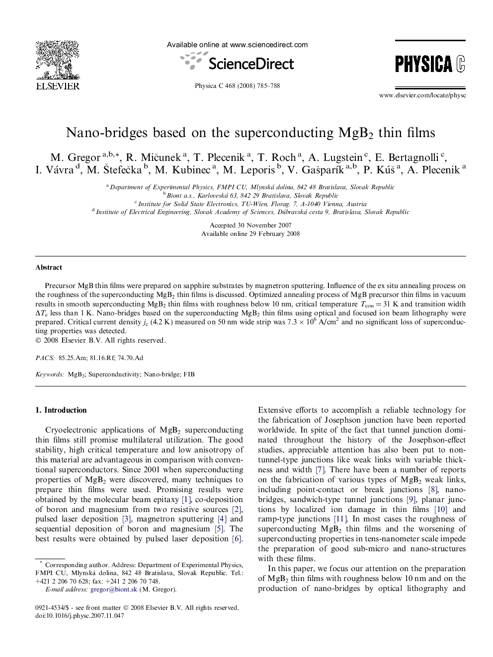 Nano-bridges based on the superconducting MgB2 thin films