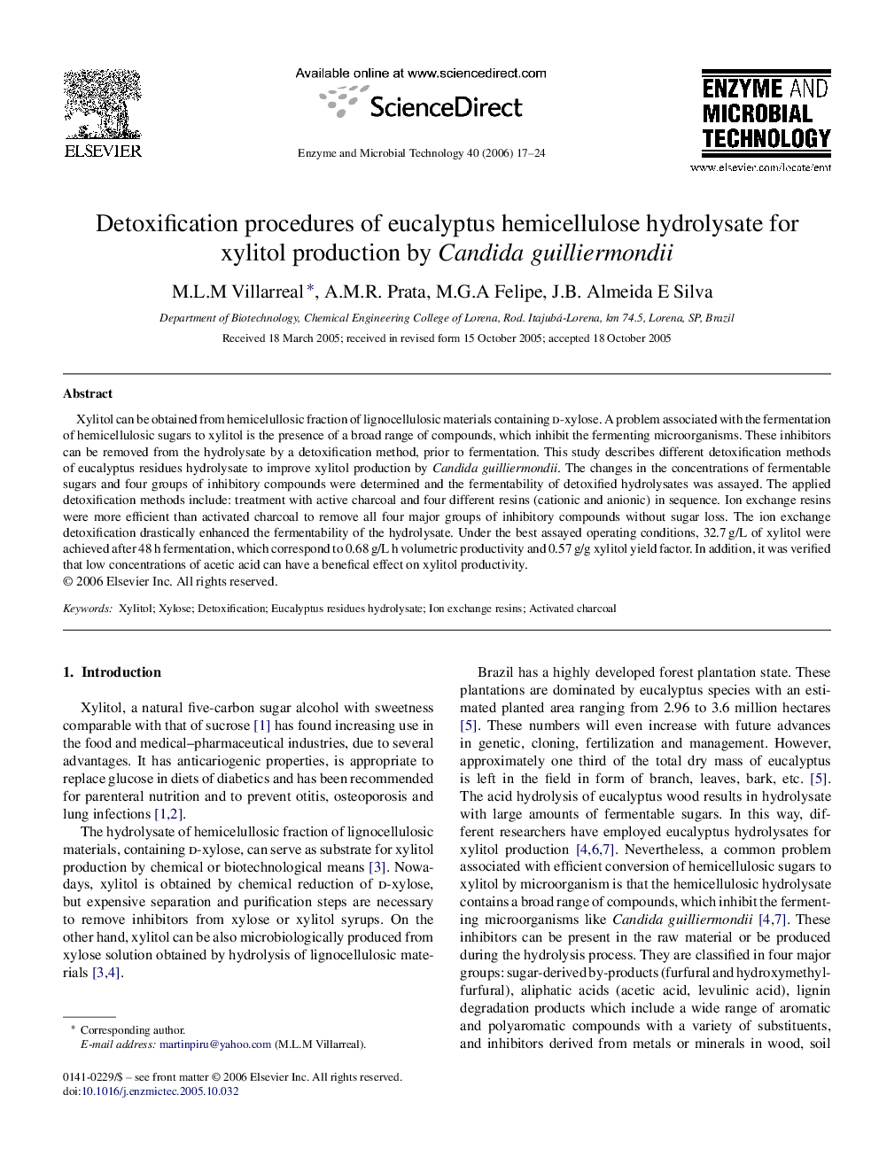 Detoxification procedures of eucalyptus hemicellulose hydrolysate for xylitol production by Candida guilliermondii