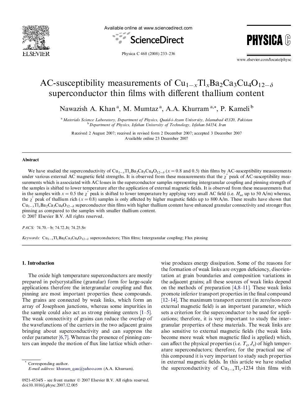 AC-susceptibility measurements of Cu1âxTlxBa2Ca3Cu4O12âÎ´ superconductor thin films with different thallium content