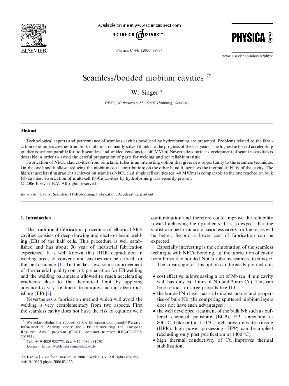 Seamless/bonded niobium cavities 