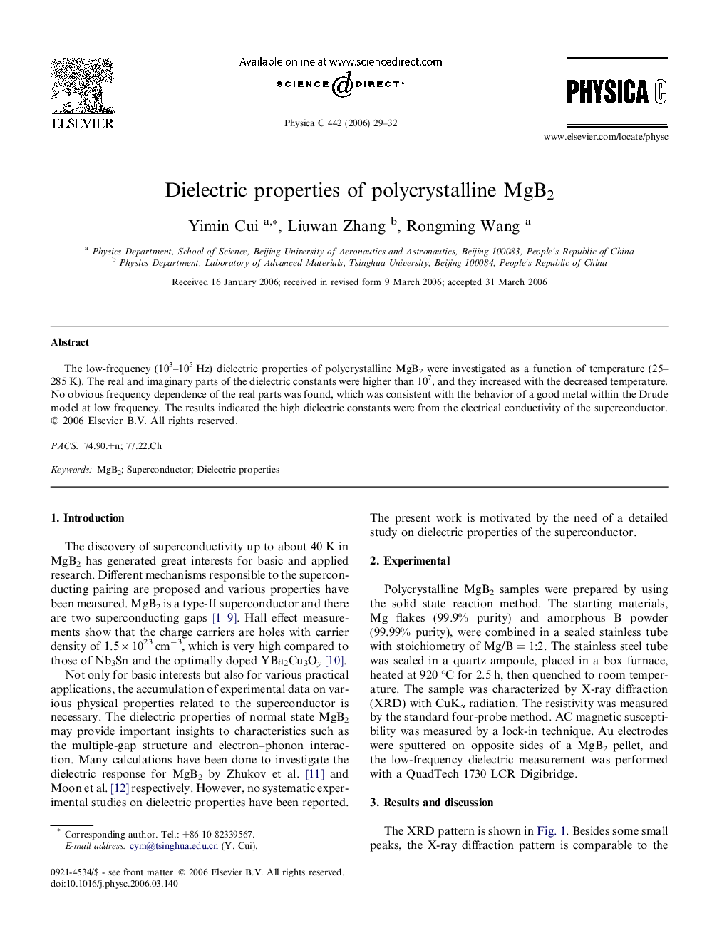 عکس صفحه اول مقاله: Dielectric properties of polycrystalline MgB2 Dielectric properties of polycrystalline MgB2
