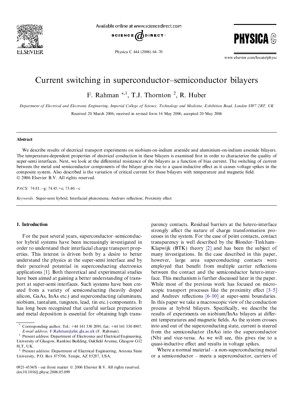 Current switching in superconductor–semiconductor bilayers