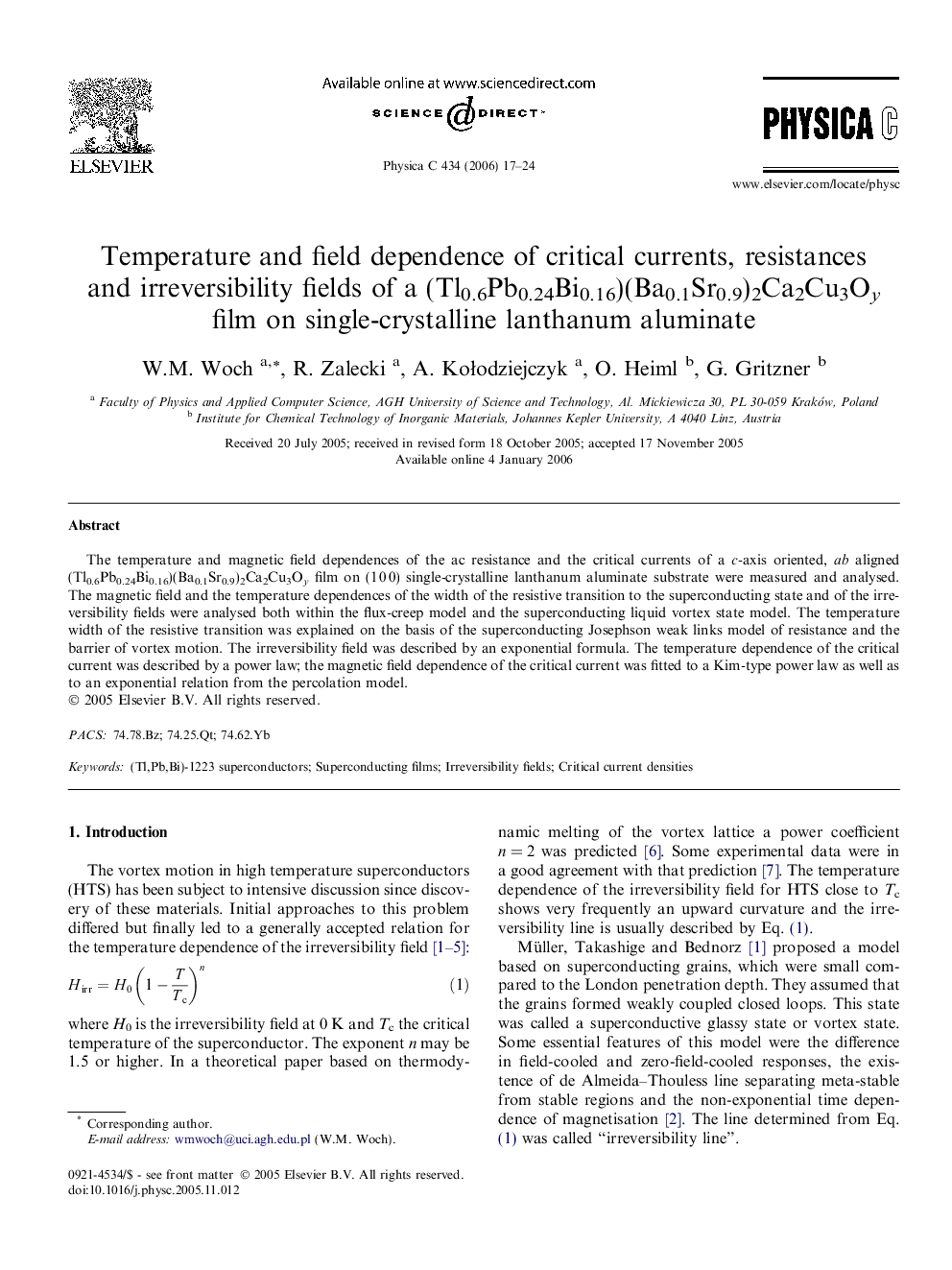 Temperature and field dependence of critical currents, resistances and irreversibility fields of a (Tl0.6Pb0.24Bi0.16)(Ba0.1Sr0.9)2Ca2Cu3Oy film on single-crystalline lanthanum aluminate