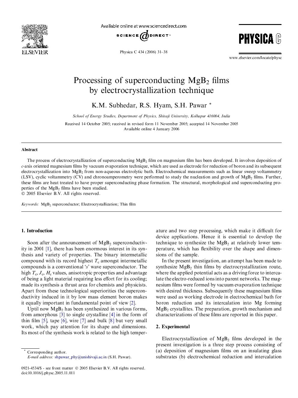 Processing of superconducting MgB2 films by electrocrystallization technique