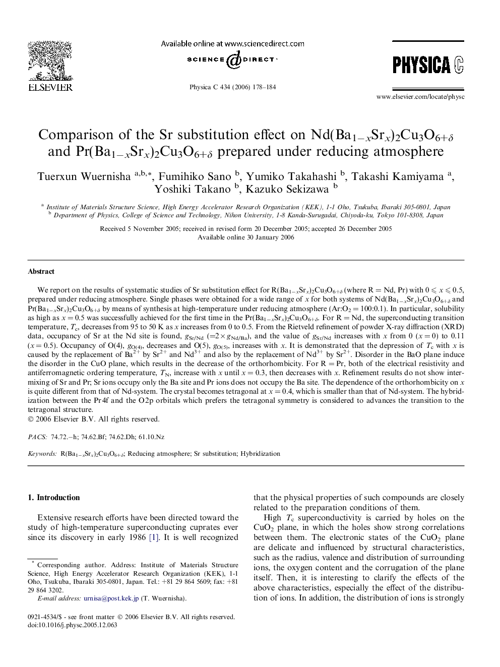 Comparison of the Sr substitution effect on Nd(Ba1âxSrx)2Cu3O6+Î´ and Pr(Ba1âxSrx)2Cu3O6+Î´ prepared under reducing atmosphere