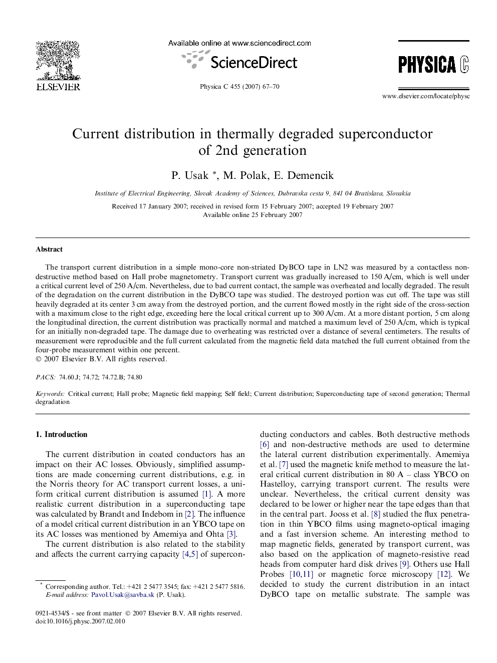 Current distribution in thermally degraded superconductor of 2nd generation