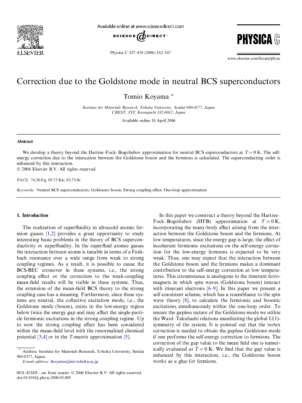 Correction due to the Goldstone mode in neutral BCS superconductors