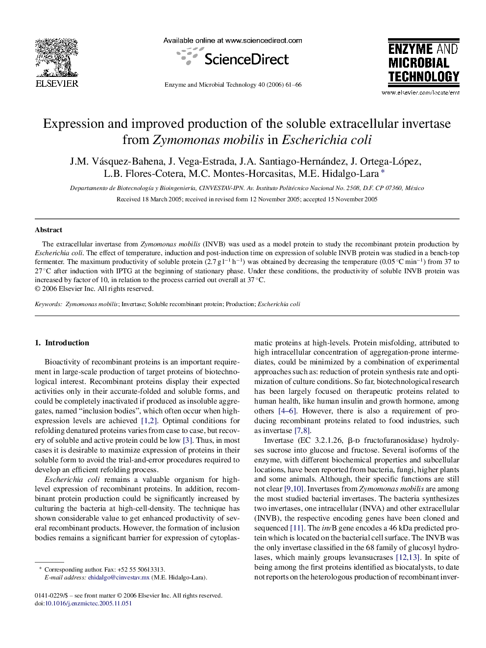 عکس صفحه اول مقاله: Expression and improved production of the soluble extracellular invertase from Zymomonas mobilis in Escherichia coli Expression and improved production of the soluble extracellular invertase from Zymomonas mobilis in Escherichia coli