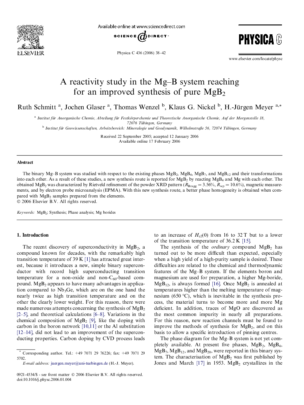 A reactivity study in the Mg–B system reaching for an improved synthesis of pure MgB2