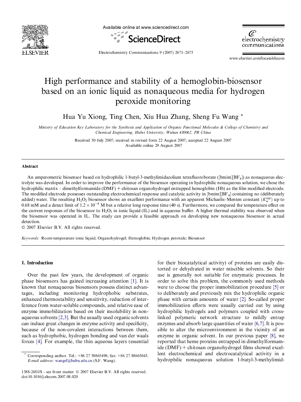 High performance and stability of a hemoglobin-biosensor based on an ionic liquid as nonaqueous media for hydrogen peroxide monitoring