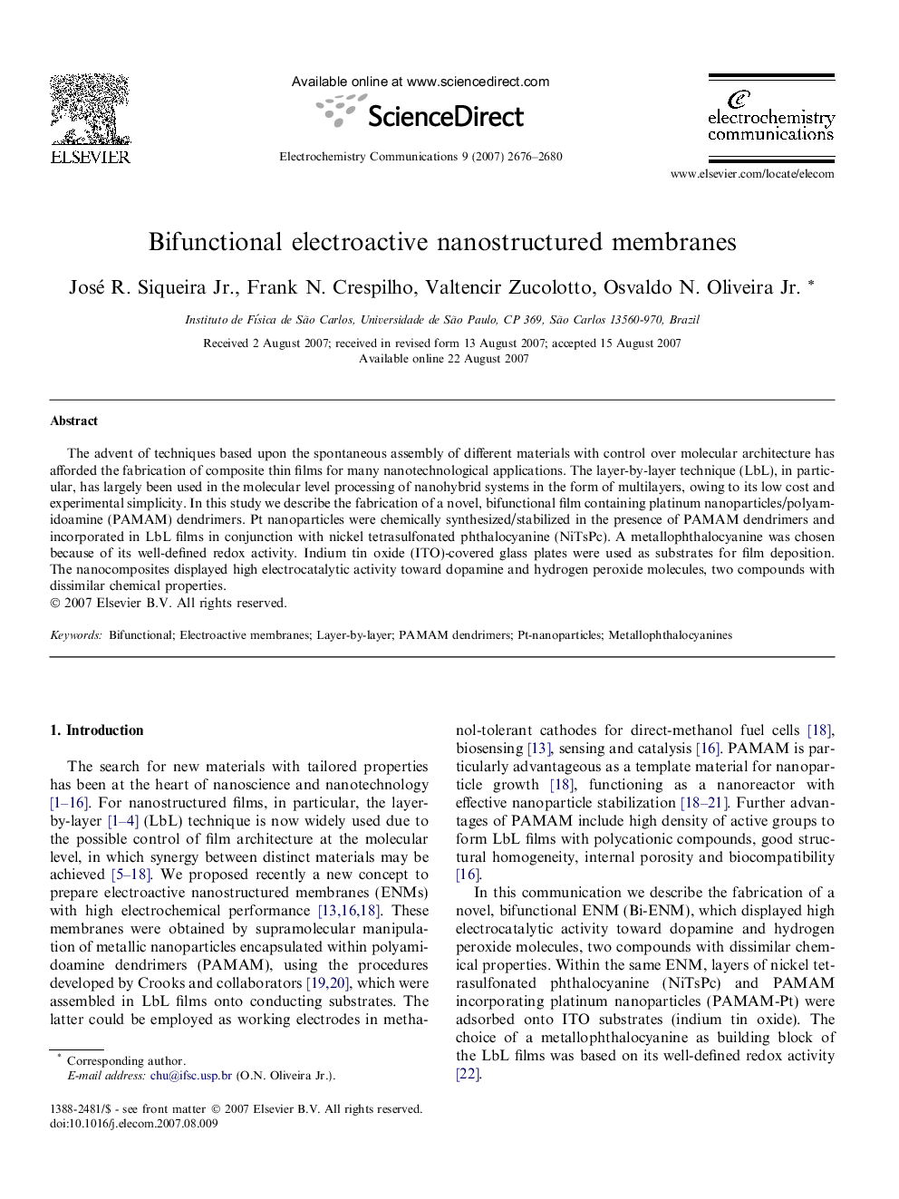 Bifunctional electroactive nanostructured membranes