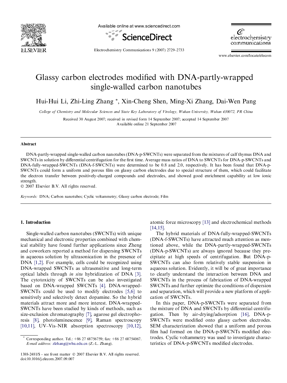 Glassy carbon electrodes modified with DNA-partly-wrapped single-walled carbon nanotubes