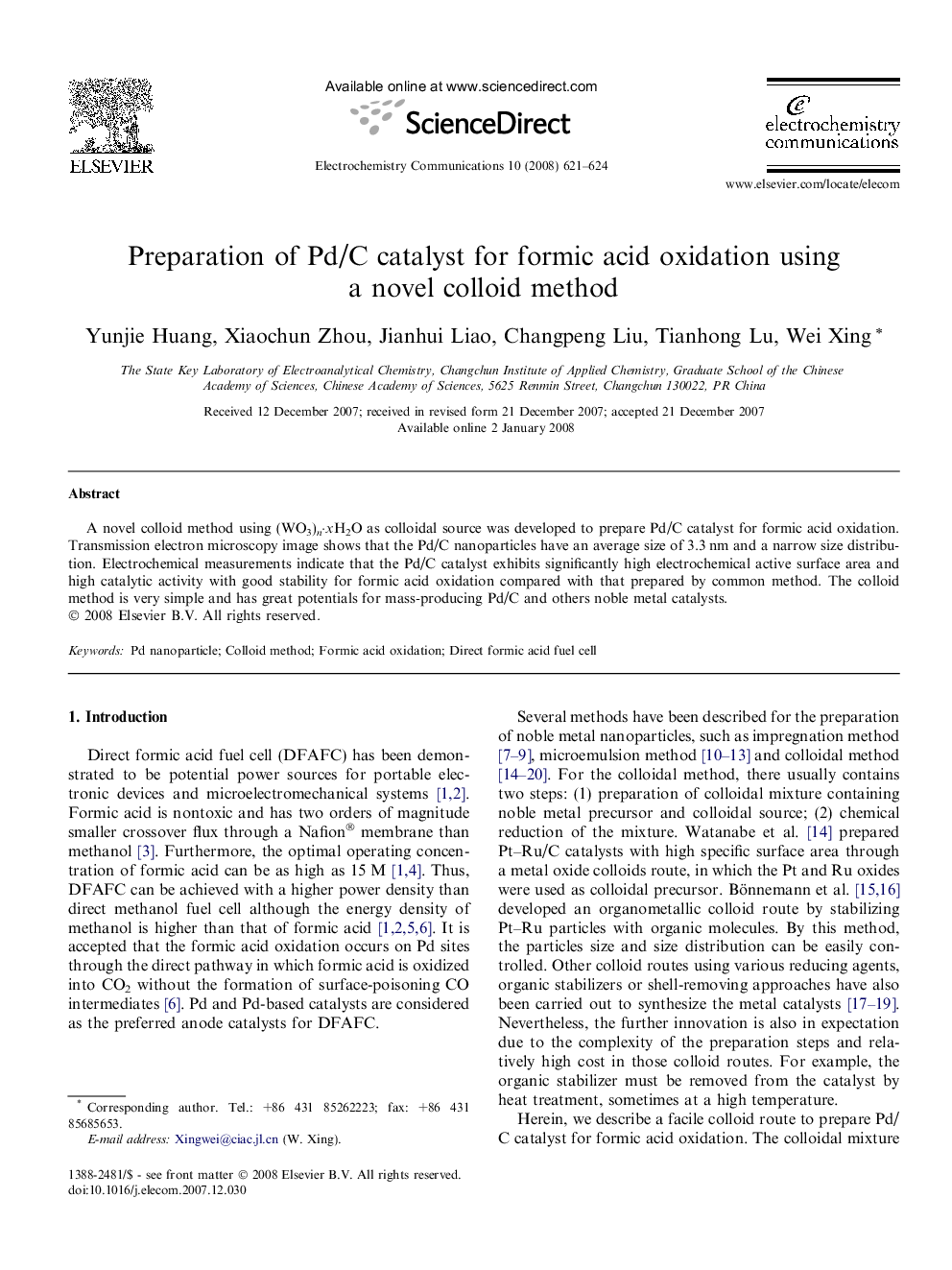 Preparation of Pd/C catalyst for formic acid oxidation using a novel colloid method