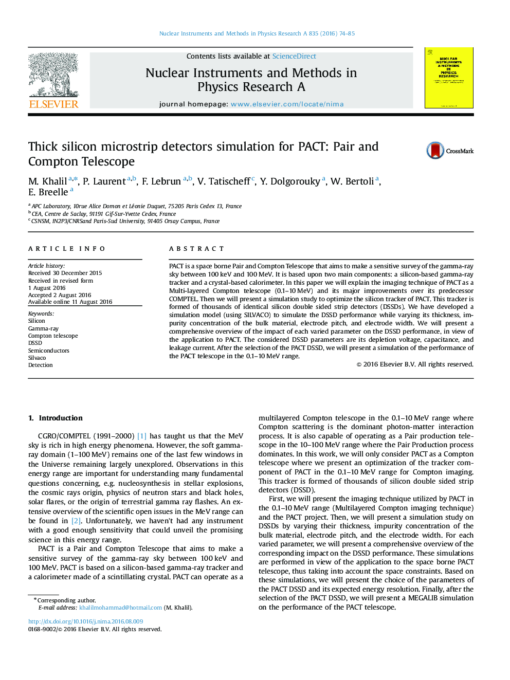 Thick silicon microstrip detectors simulation for PACT: Pair and Compton Telescope