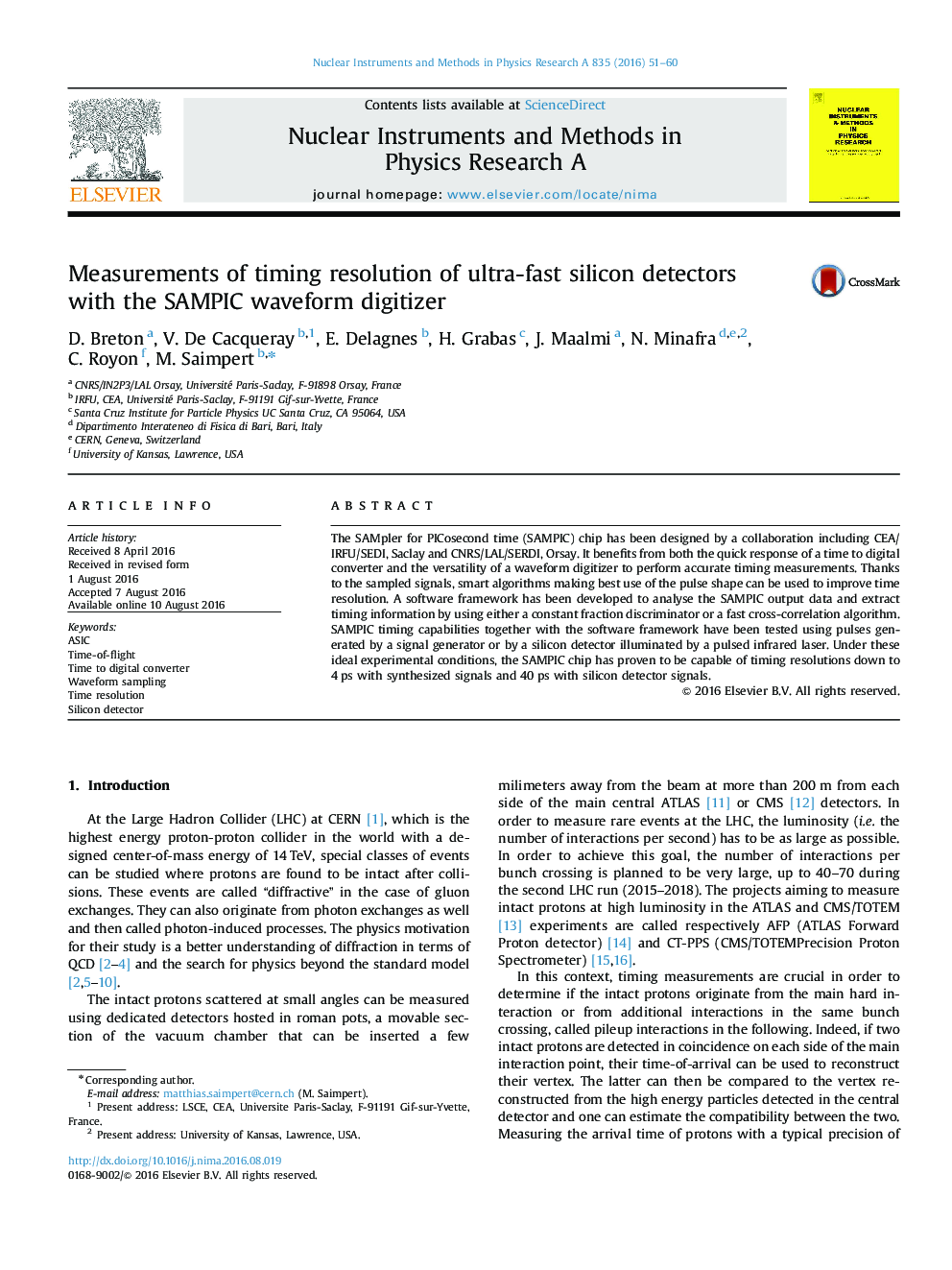 Measurements of timing resolution of ultra-fast silicon detectors with the SAMPIC waveform digitizer